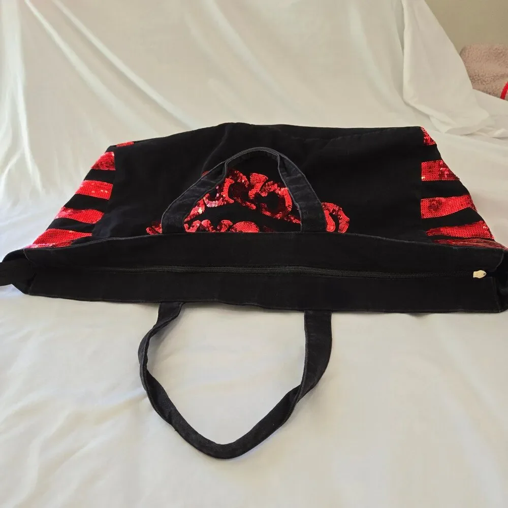 Victorias Secret Tote Bag 2000's Y2K Size XL Black Canvas Red Sequin Lip Design
